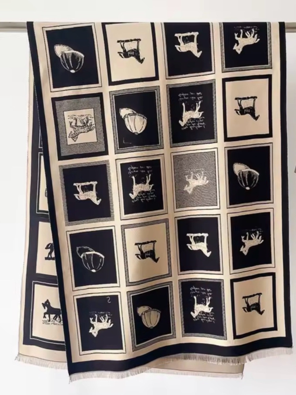 Elegant Black & Cream cashmere wool blend shawl/ scarf with Equestrian Motif